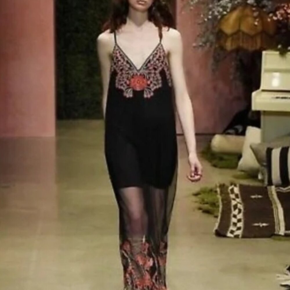 ALICE+OLIVIA SALLY MESH EMBROIDERED MAXI DRESS BLACK /POPPY MULTI S $440